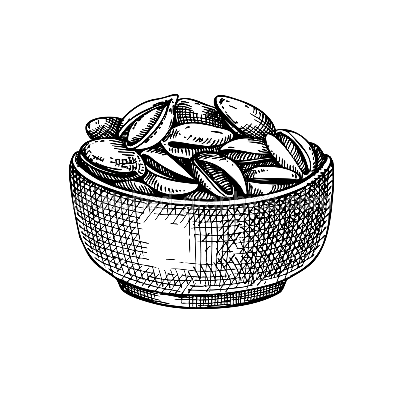 Pistachio nuts in bowl vector illustration. Hand drawn healthy food drawing. Organic product, snack for vegetarians in sketch style.  Perfect for recipes, menus, labels, packaging,  Illustration